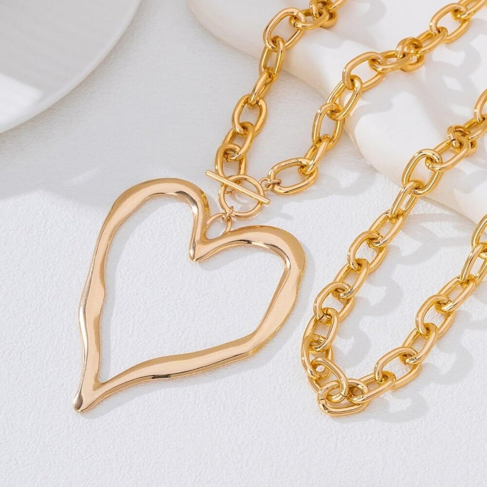 Women Gold Heart Y2k Big Heart Pendant Choker Jewelry Necklace Lobster - Picture 6 of 7